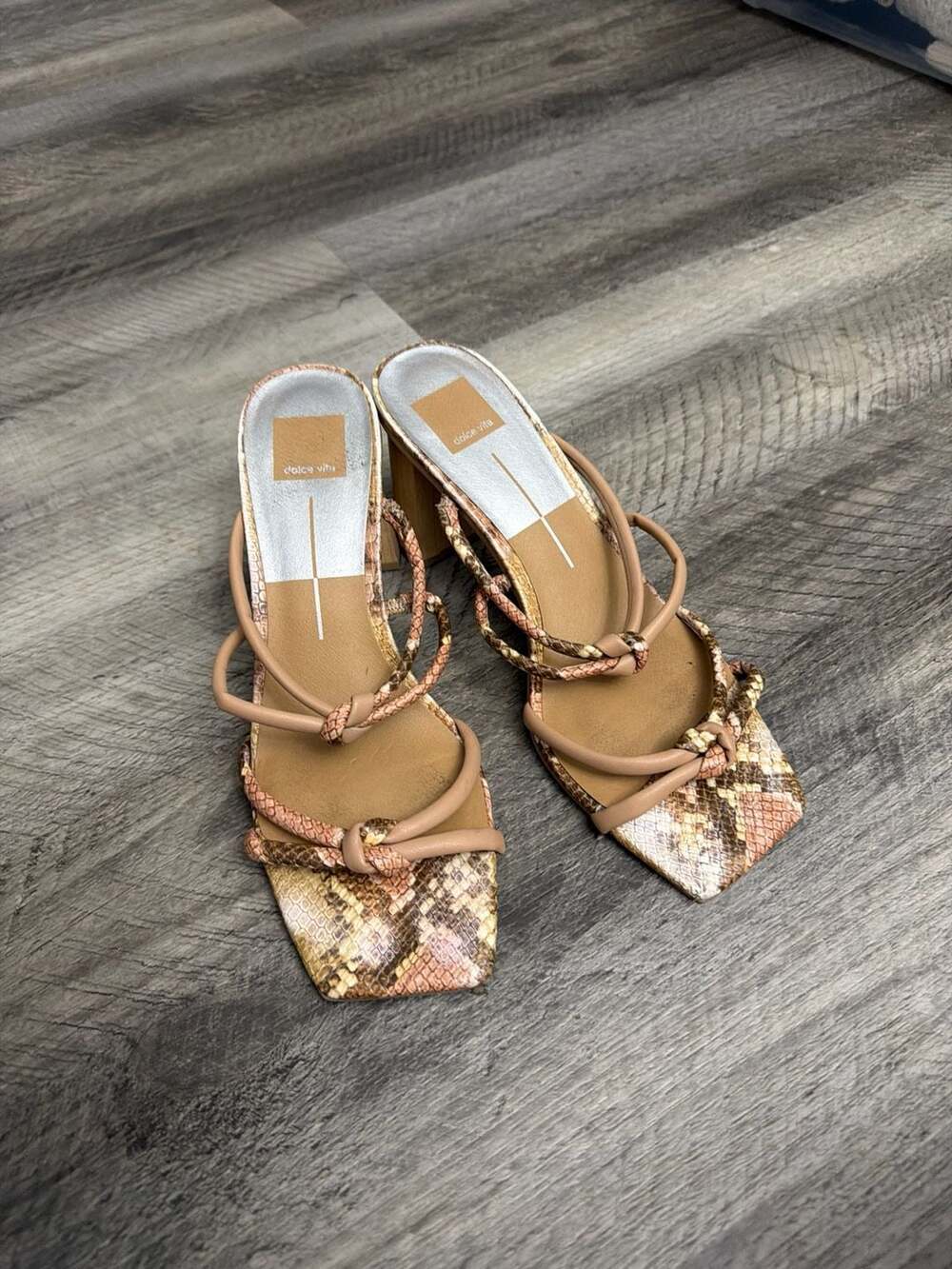 Dolce Vita Nude Snake Print Strappy Knotted Block Heel Sandals